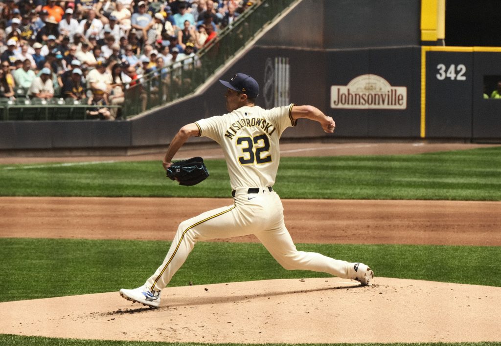 Jacob Misiorowski pitching for the Milwaukee Brewers
