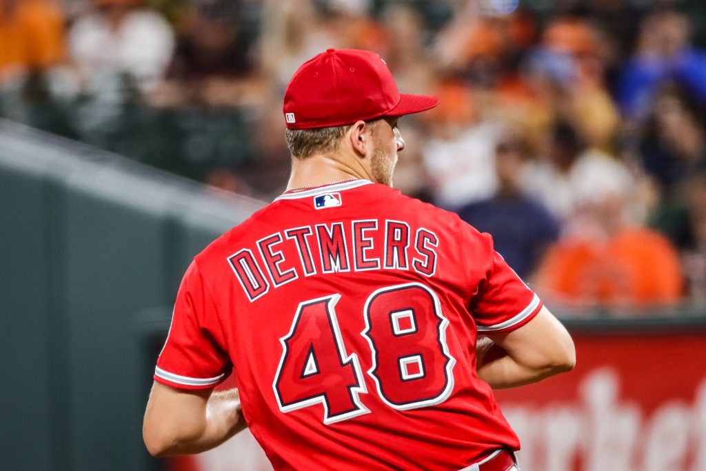 Reid Detmers pitching for the Los Angeles Angels